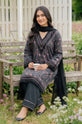Navy printed linen dress with pink piping