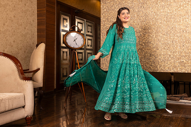 Pakistani Party Wear Dress Sea-Green Color