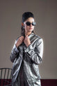 bold metallic silver coat-trouser outfit in UK