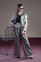 Sleek Metallic Silver Coat-Trouser Set