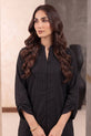 Jet Black Striped Cotton Co-Ord Set with Band Collar - RW54