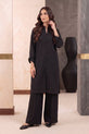 Jet Black Striped Cotton Co-Ord Set with Band Collar - RW54