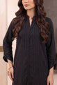 Jet Black Striped Cotton Co-Ord Set with Band Collar - RW54