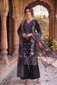 Midnight Black Embroidered Linen Straight Suit with Dupatta-GU774
