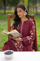 Burgundy Floral Printed Corduroy Embroidered 3-Piece Suit with Chiffon Dupatta-001