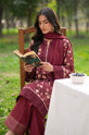 Burgundy Floral Printed Corduroy Embroidered 3-Piece Suit with Chiffon Dupatta-001