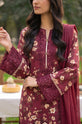 Burgundy Floral Printed Corduroy Embroidered 3-Piece Suit with Chiffon Dupatta-001