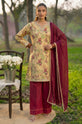 Floral Printed Linen 3-Piece Suit with Maroon Chiffon Dupatta-004