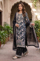 Black Floral Printed &amp; Embroidered Linen 3 Piece Suit - 0010