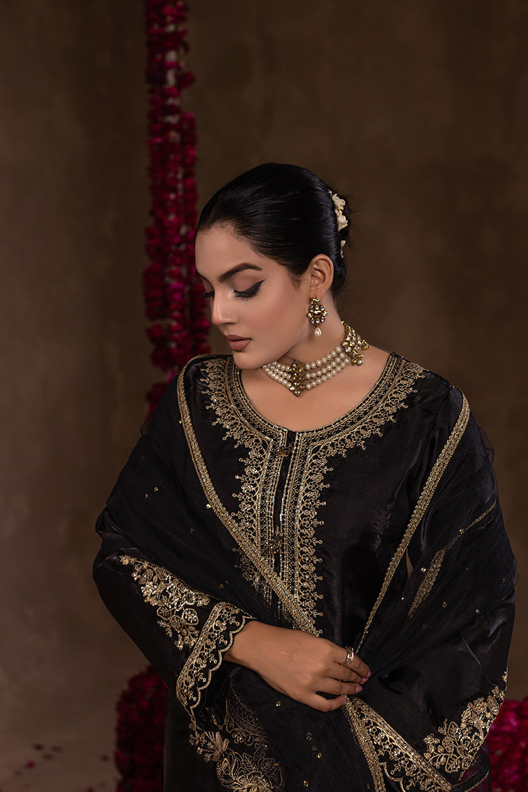 black tilla embroidered shisha silk dress