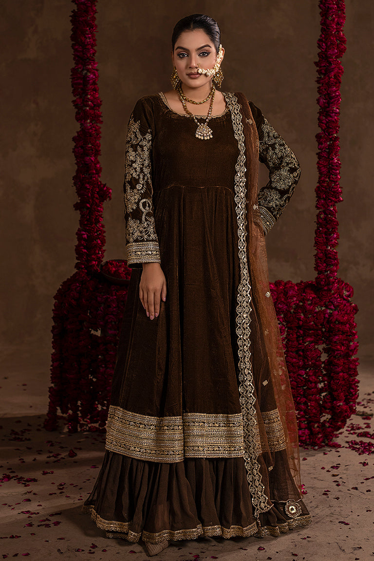 chocolate-brown velvet dress