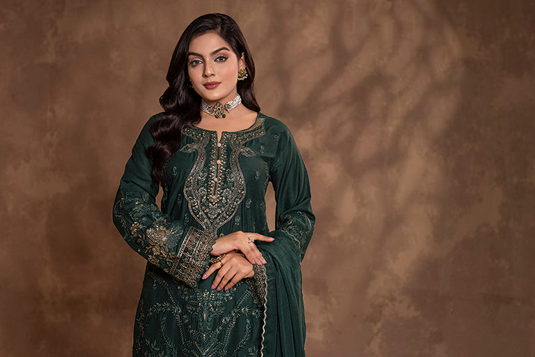 olive-green Pakistani Winter Dress