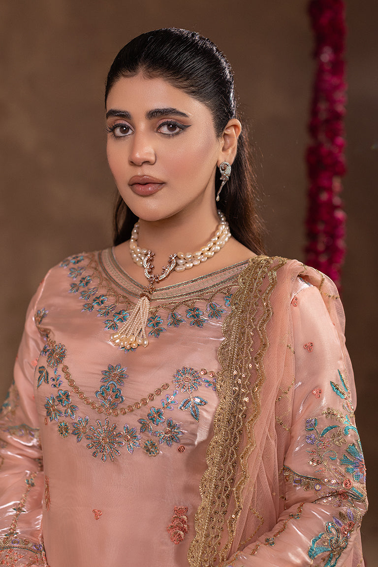 peach tilla embroidered shisha silk dress
