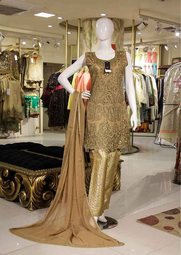 Beige Net Formal Readymade Dress